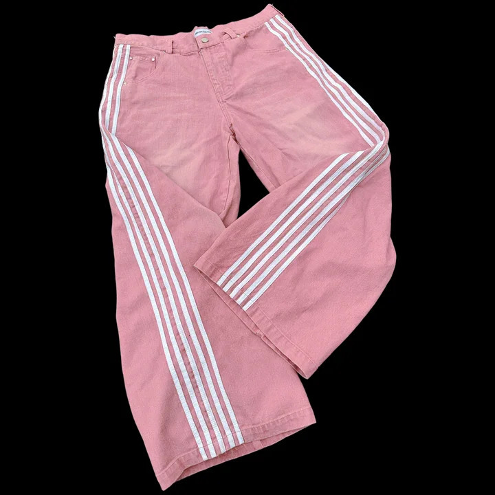 Korean Trend Kawaii Pink Striped Embroidery Baggy Jeans Womens Y2K Harajuku Hip-Hop Gothic Street High Waist Wide Trousers 250318