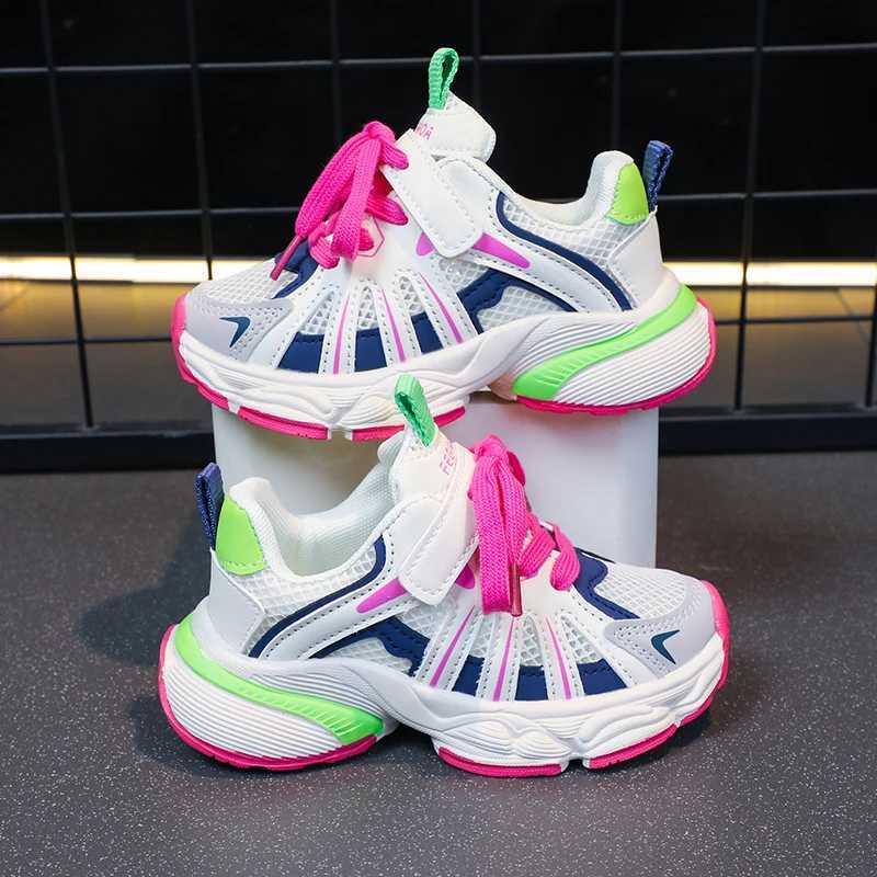 Girls Color Block Mesh breathable thick shoes comfortable and non slip lace up durable sports shoes suitable for childrens outdoor activities W250318