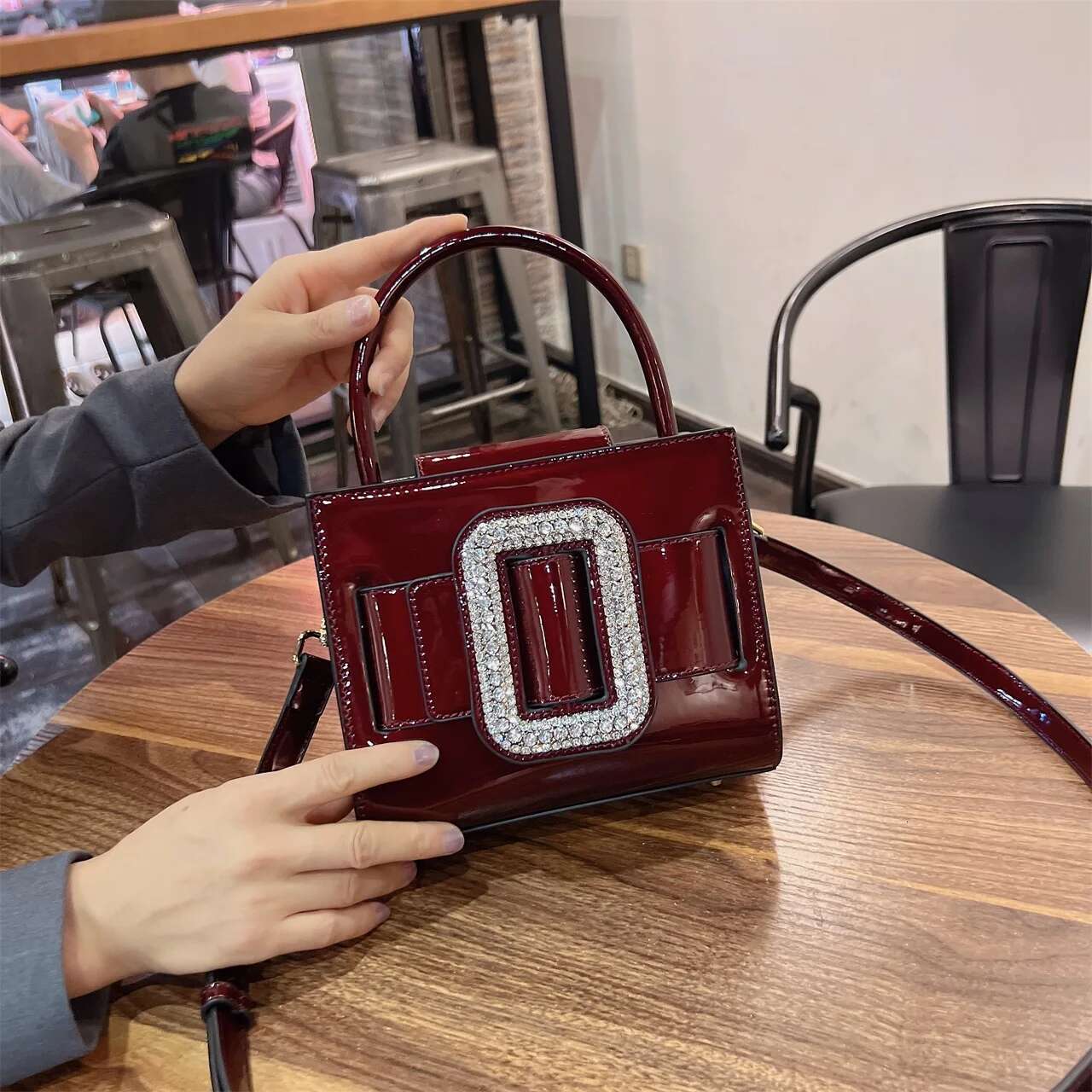Designer Patent Leather Square Women's Handbag Rhie Dia Buckle Purse Evening Shoulder Crossbody Bag