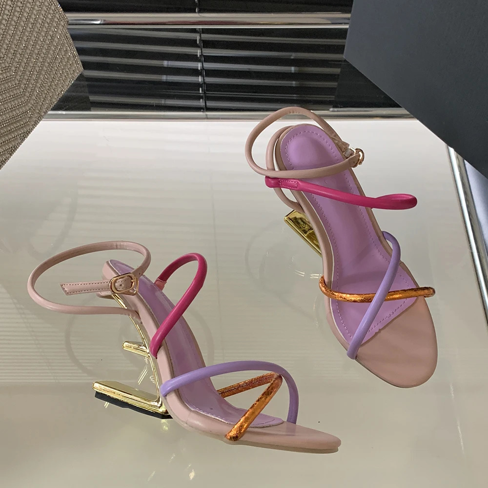 Aneikeh Summer Fashion Fretwork Heels Cross Striped Color Blocked High-heeled Sandals Women Ankle Buckle Strap Gladiator Shoes 250318