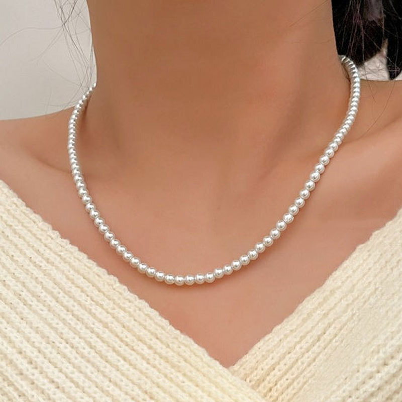 Glass Imitation Pearl Necklace Women 4/6/8/10/12mm Choker Collarbone Chain Jewelry