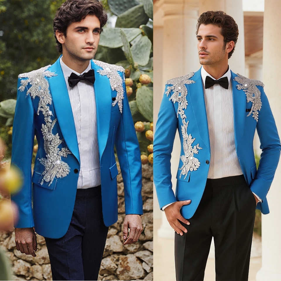 Luxury Wedding Tuxedos Appliques Crystal Men Suit Shawl Lapel 1 Piece Set Jacket Party Groom Business Blazers Customized
