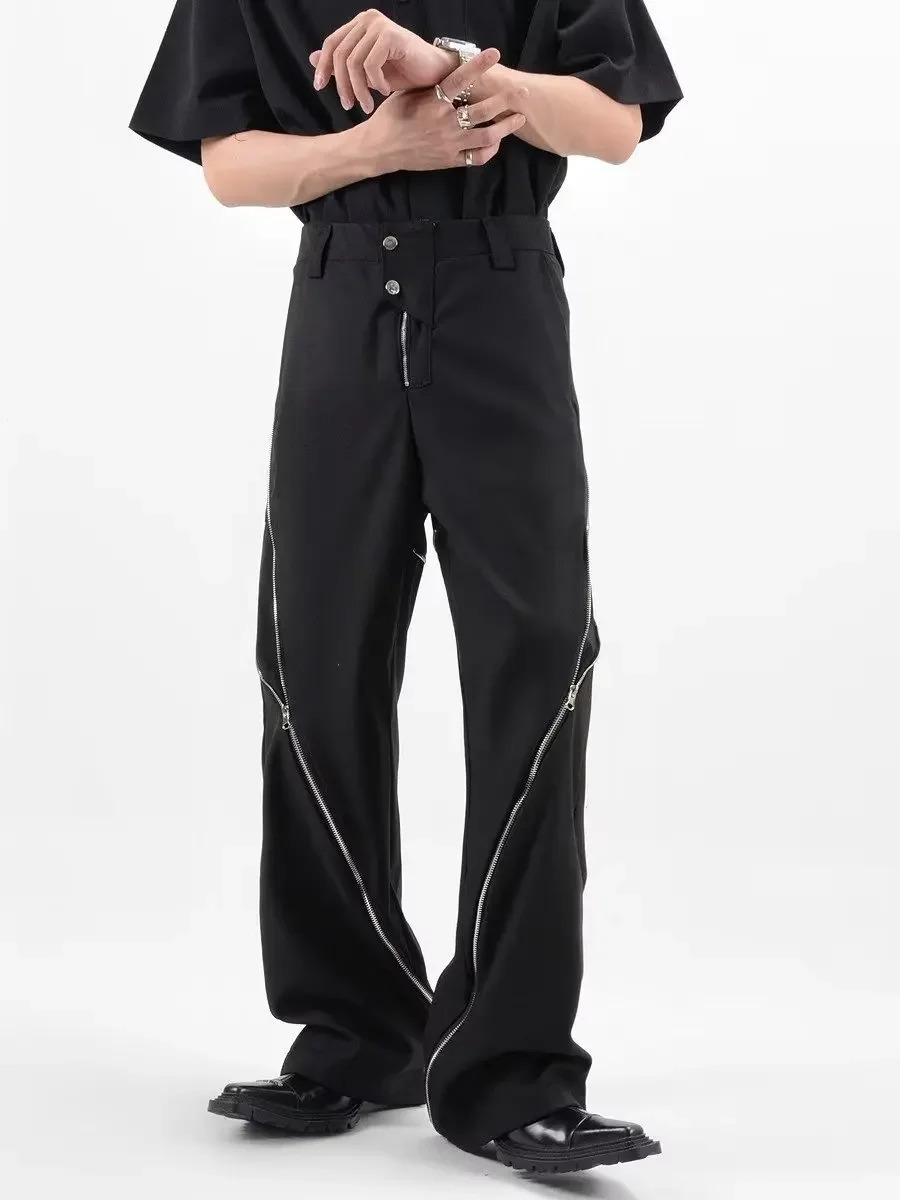American Fashion Men Black Zipper Slit Slightly Flared Pants Vertical Feeling Straight Casual Pants Vintage Trousers Kpop 250317