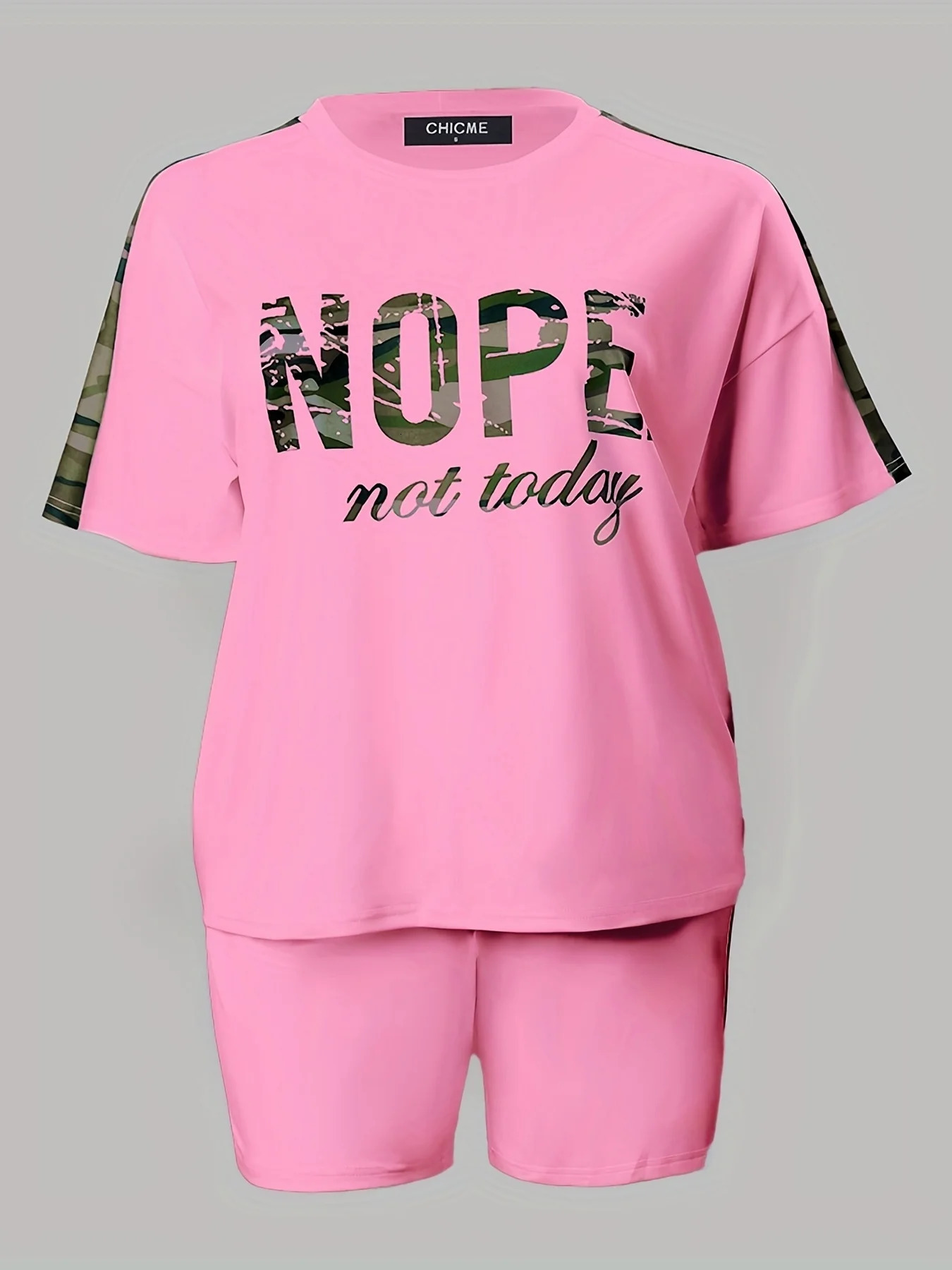 Plus Size Outfits Two Piece Set Womens Plus Letter Print Contrast Panel Short Sleeve Tee Shorts Outfits 2 Piece Set 250318