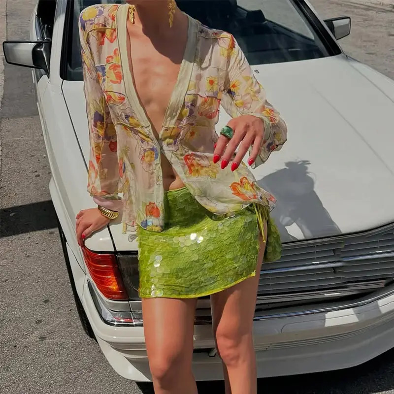 Sequins Y2K Skirt Womens Side Split Tie Up Skirts Sexy tie Sweet Short Pencil Skirt Summer Fashion Streetwear 250318