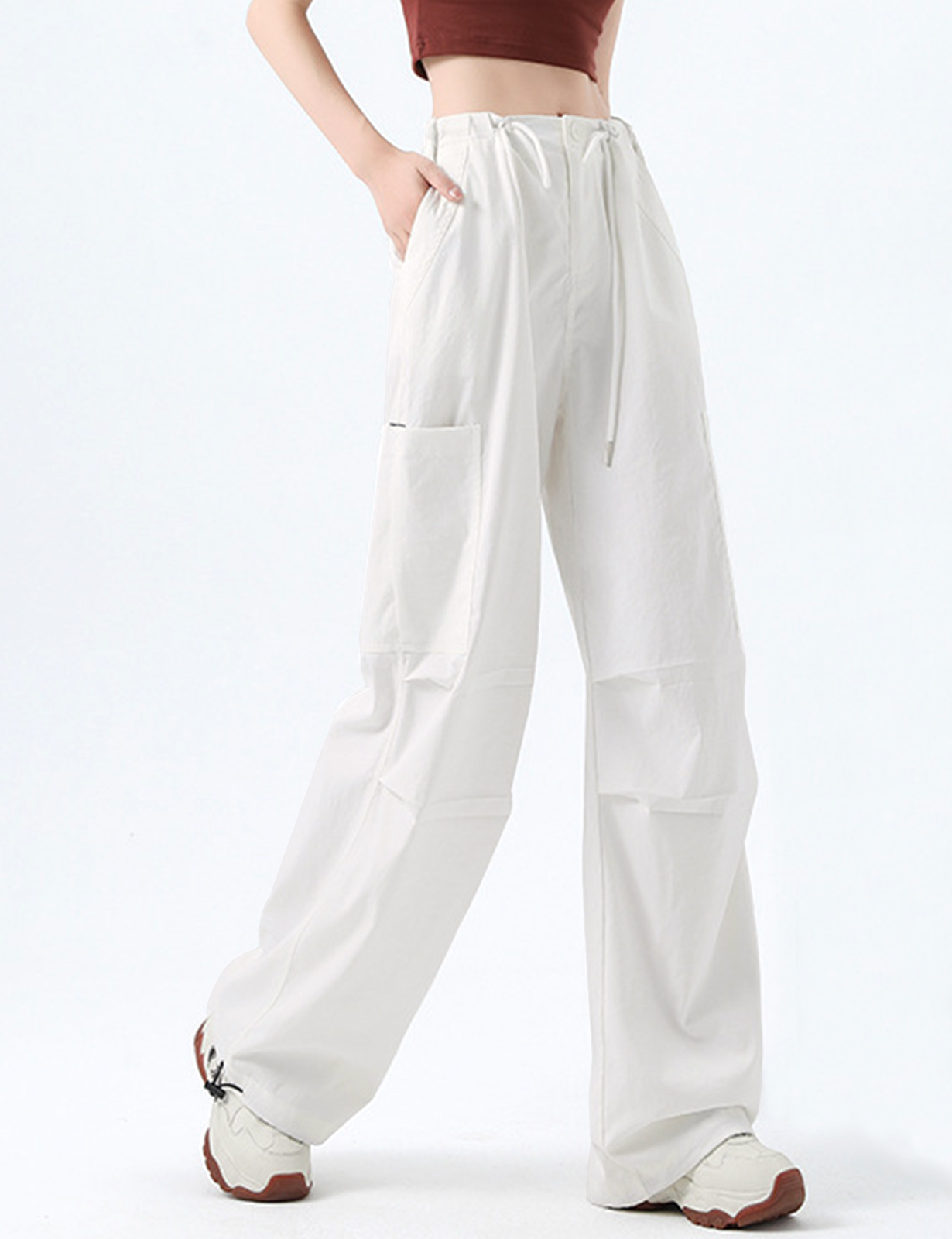 Women's Cargo Pants - Baggy Parachute Pants with Pockets for Everyday Wear, Adjustable Drawstring Waist