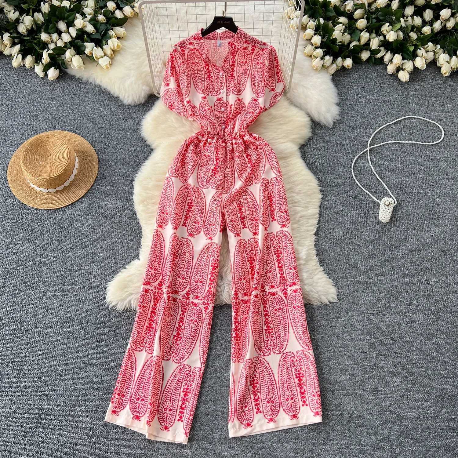2024 New Summer Women V-Neck Puff Slve Bottons Slim Jumpsuits High Quty Retro Print Wide Leg Long Pants Pleated Jumpsuits X250318