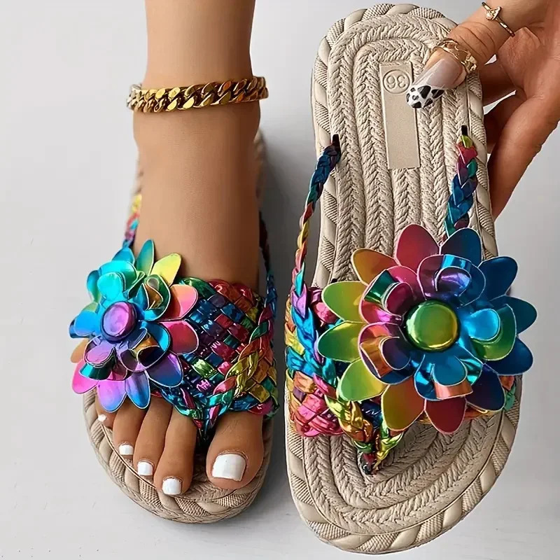 Women Slippers Fashion Casual Slippers Vacation Holiday Braided Floral Pattern Sandals Toe Post Beach Flip Flops Slides Women 250318
