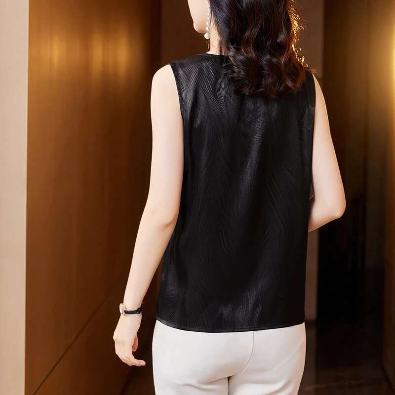 #1220 Sleeveless Vintage Satin Women V-Neck Short Top Sexy Office Outerwear Tank Tops Tees Slim Solid Color Summer