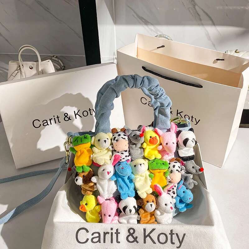 Blue Denim Cute Cartoon Doll Bucket Fashion Women's Handbag Lady Purse Shoulder Messenger Female Tote Casual Bag