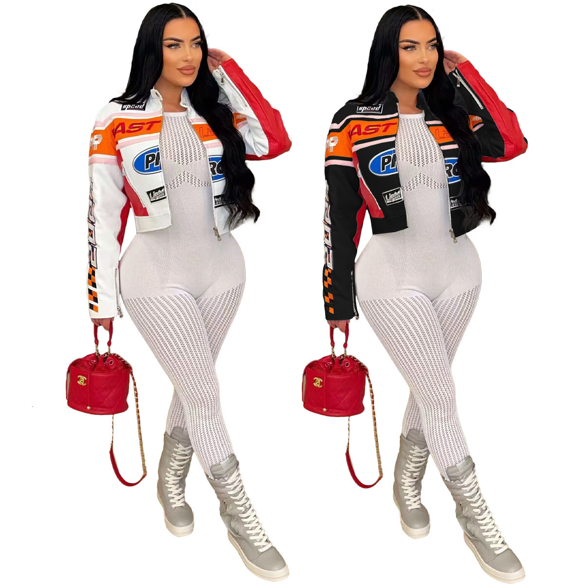 Orange Fall Jacket Winter Streetwear Casual Zip Up Blue Jacket For Women Patchwork Crop TopS fashion Print Trend Coats 250207