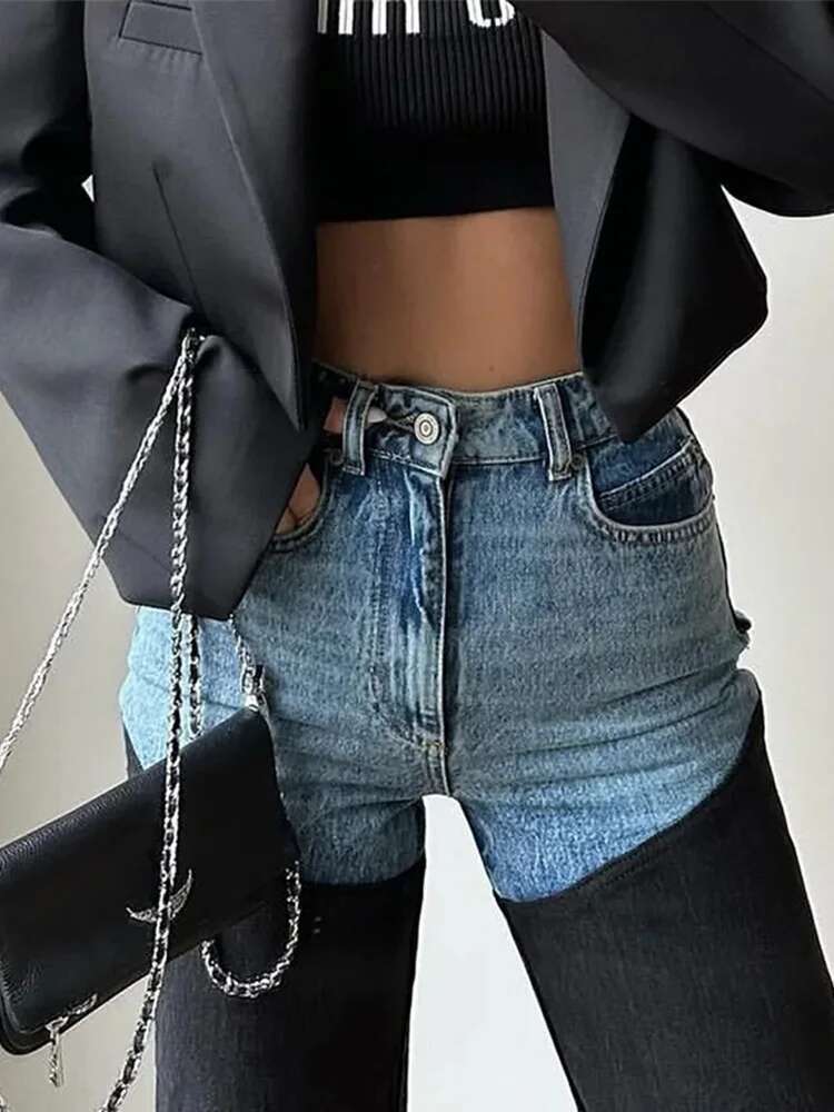 Fashion Y2k Patchwork Jeans For Women High Waist Zippers Button Pocket Straight Denim Pants 2025 Spring Summer Trousers Street