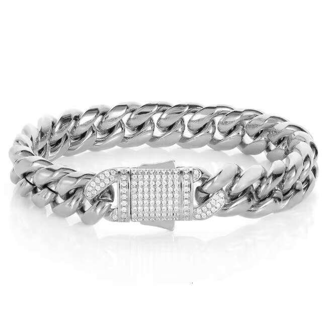Hip hop zircon Miami Cuban chain, stainless steel bracelet, round ground password, men's rap spring buckle bracelet