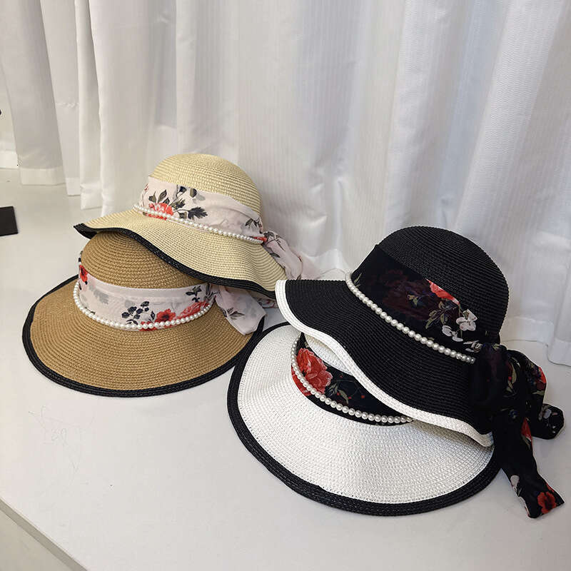 New Chinese style China-Chic ribbon big brim sunscreen straw for women fashionable breathable wave edge sunshade beach hat tide