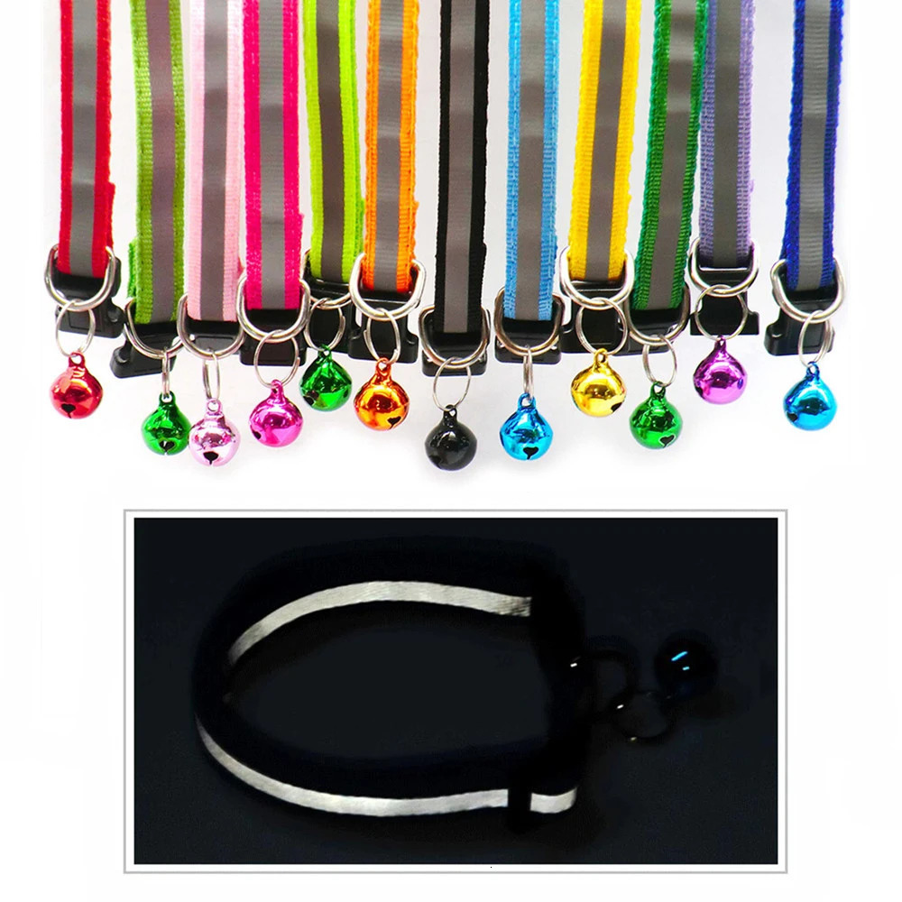 2 piecespack of 12 color reflective adjustable cat and dog collars with bells pet supplies 250318