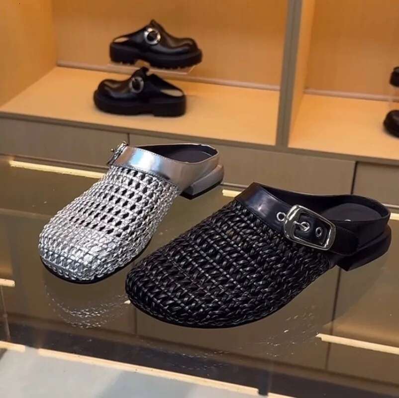 Woven Slippers Women Shoes Round Toe Metal Buckle Casual Style Lazy Outside Wearing Women's Sandals