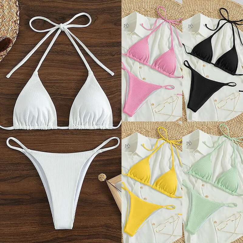 2025 Special Pit Stripe Fabric Bikini Set for Women Sexy Simple Solid Strap Bikini Swimsuit High Waist Strap Beach Swimsuit