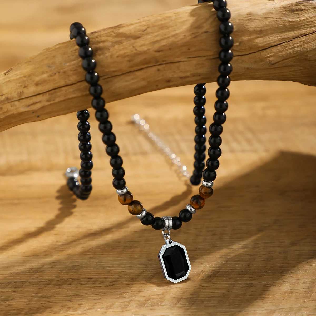 Salicon Simple Black Tiger Stone Beaded Clavicle Necklace Punk Geometry Stainless Steel Pendant Necklace Mens Casual Jewelry W250318