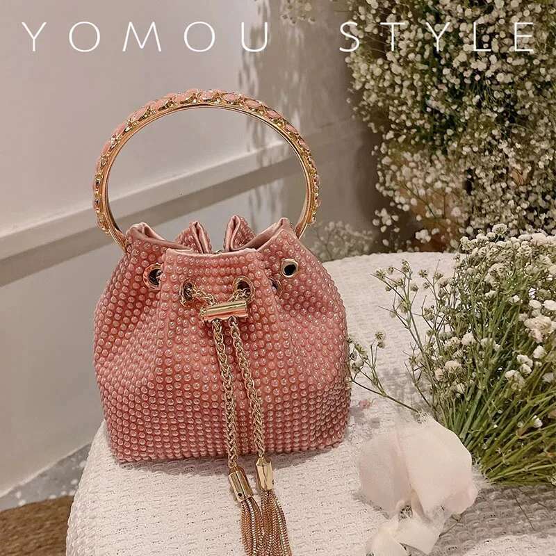 Fashion Ceramic Beads Beaded Shoulder Crossbody Metal Ring Handle Women's Handbag Evening Clutch Lady Purse Bucket Bag
