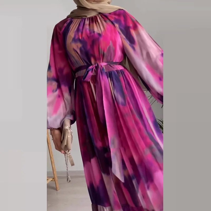 Elegant O-neck Lace Muslim Dress Womens Casual Long Sleeve High Waist Dress Fashion Pattern Printed Folded Party Dress 250314