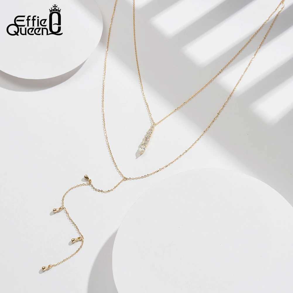 EFFINE QUEEN 925 sterling silver elegant Y-shaped pendant necklace double layered O-chain with radiating cubic zirconia gift BQN11 W250318