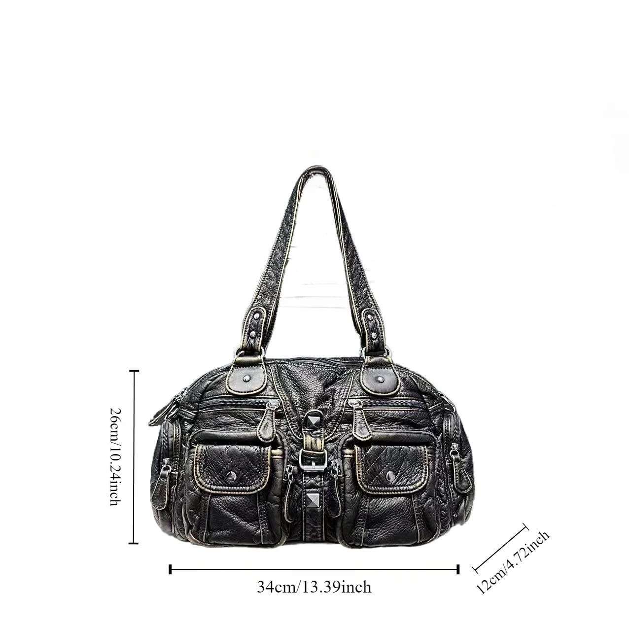 Ladies' Fashionable Hot Girl Vintage Tote With Large Capacity Y2k Washed Vegan Leather Single Shoulder Crossbody Bag