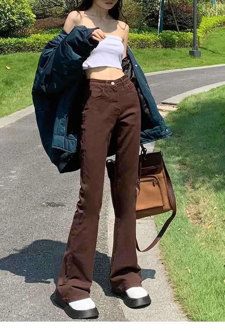 autumn high waisted slimming straight leg jeans suitable for women loose brown smoke pants fashionable 250317