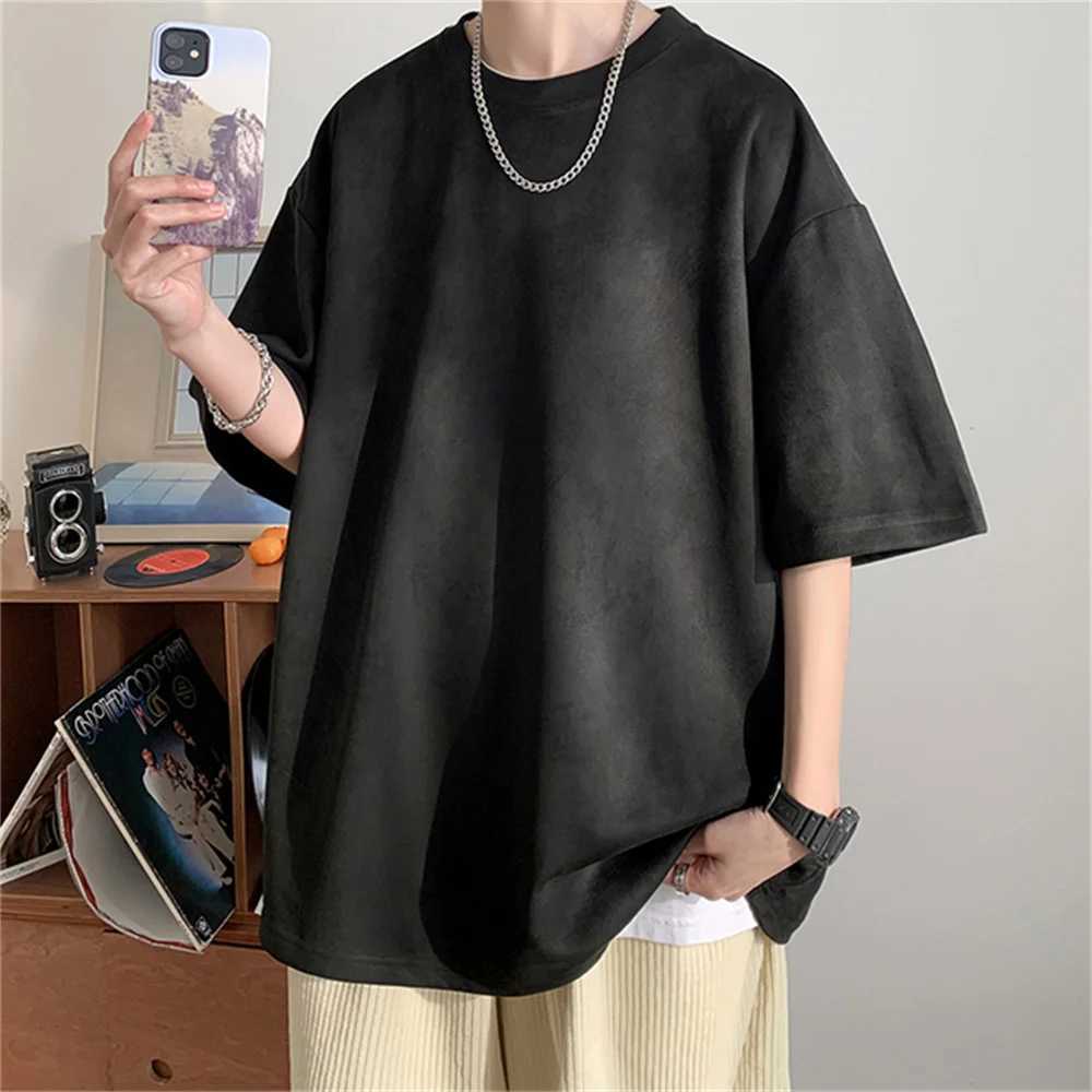 Mens suede short sleeved retro loose T-shirt womens casual oversized T-shirt O-neck retro Harajuku top T-shirt new 2023T250318