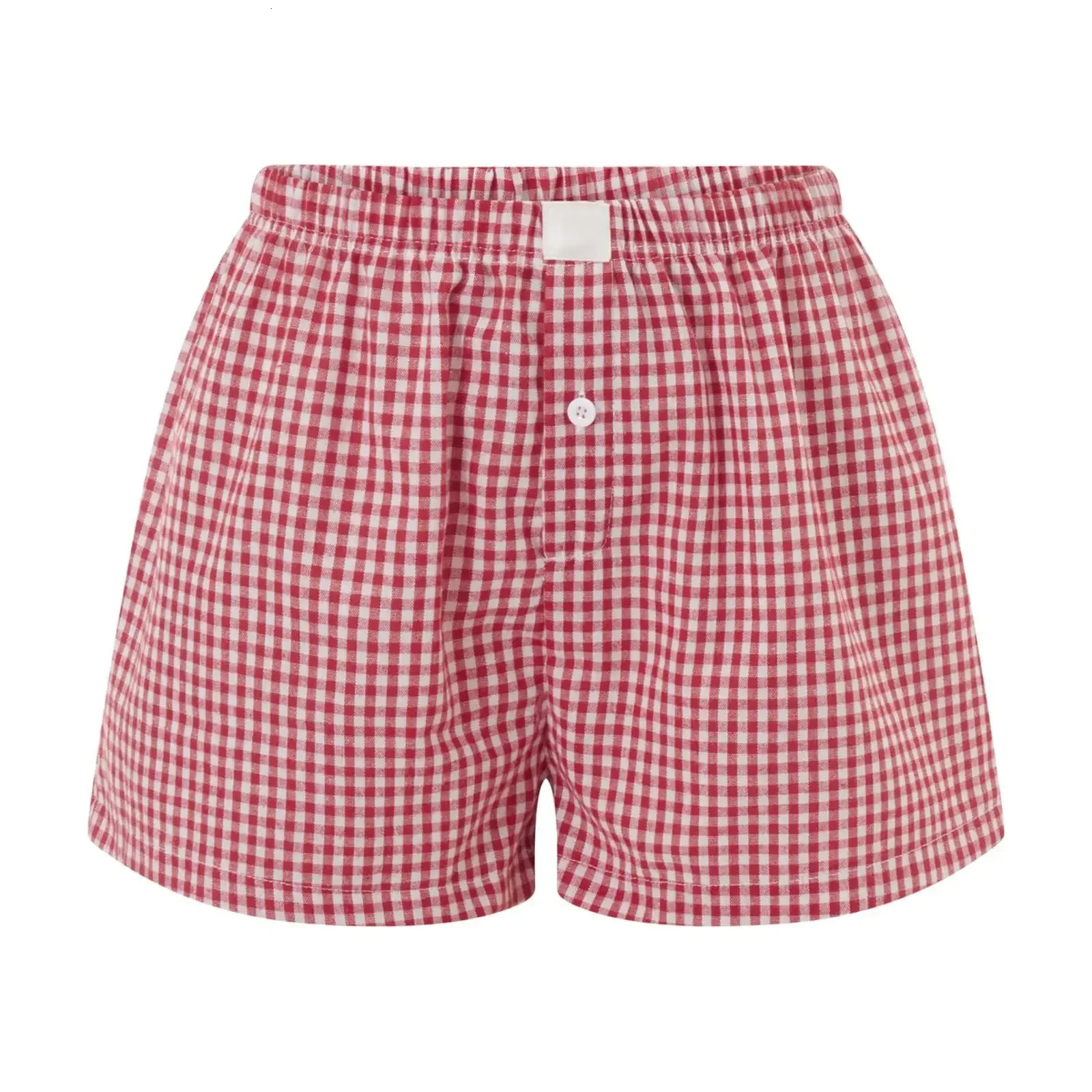 Gingham Boxer Shorts for Women Teen-girls Button Front Elastic Waist Cute Red Plaid Pajamas Sleep Lounge Shorts Summer Outfit 250318