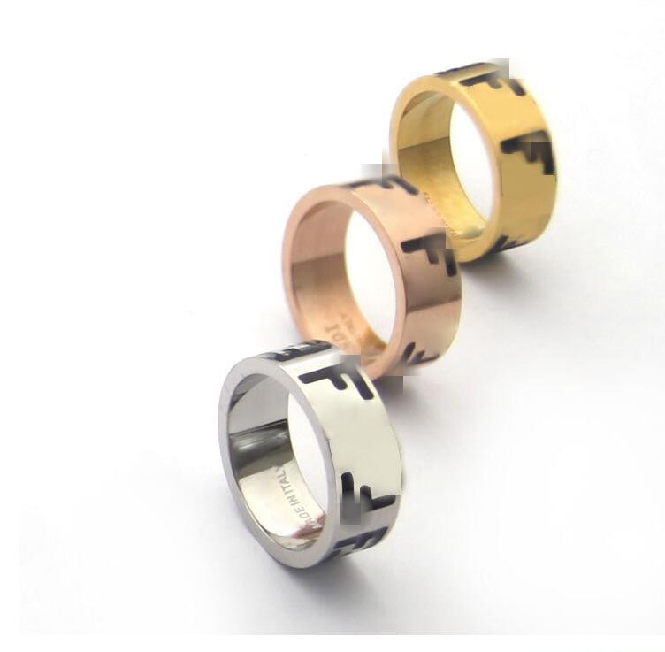 8mm Logo engrave designer F Ring Extravagant enamel black white Gold Silver Rose 316L Stainless Steel letter Rings Women men wedding Jewelry Lady Party Gifts 6 7 8 9