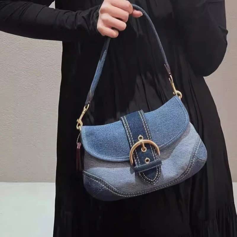Denim Handbags For Women Design Canvas Splicing Pattern Handbag 2024 Fashion Trend Envelope Underarm Bag