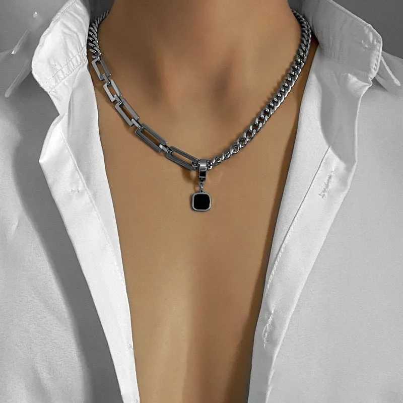 Fashionable stainless steel chain splicing black stone pendant necklace for men 50cm+5cm long necklace for men W250318
