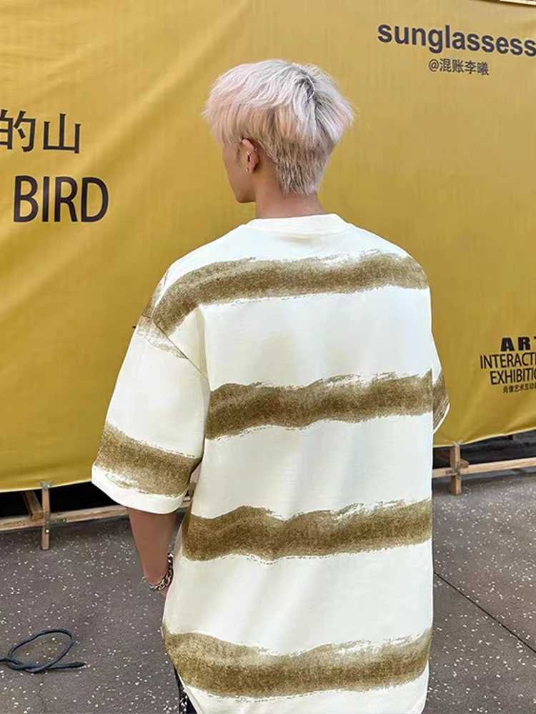 250G cotton summer T-shirt mens Korean fashion irregular striped basic T-shirt Y2K top short sleeved oversized T-shirtT250318