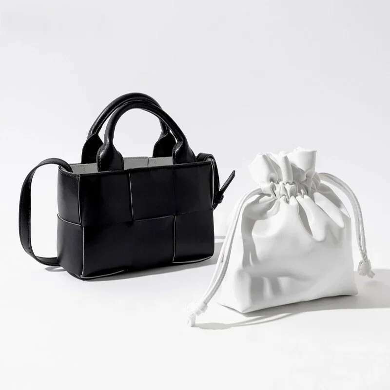 2 Piece/Set Women's Soft Pu Leather Woven Handbag Design Lady Small Drawstring Tote Square Bag 2024 New Bolsa Feminina