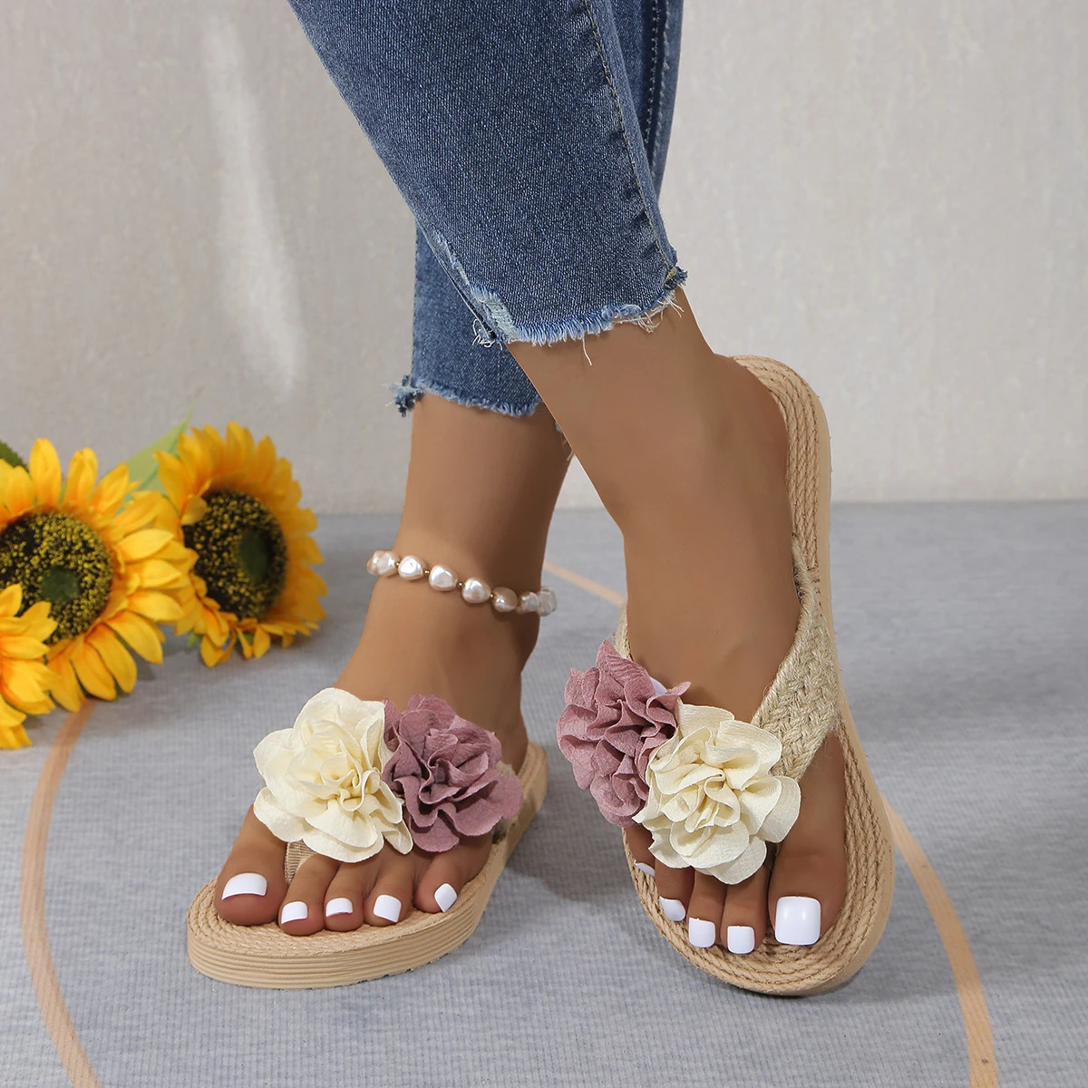Pink Butterfly Orchid Flower Deco Flip Flops Woman Summer Woven Flax Slippers Ladies Outdoor Beach Boho Floral Shoes 250318