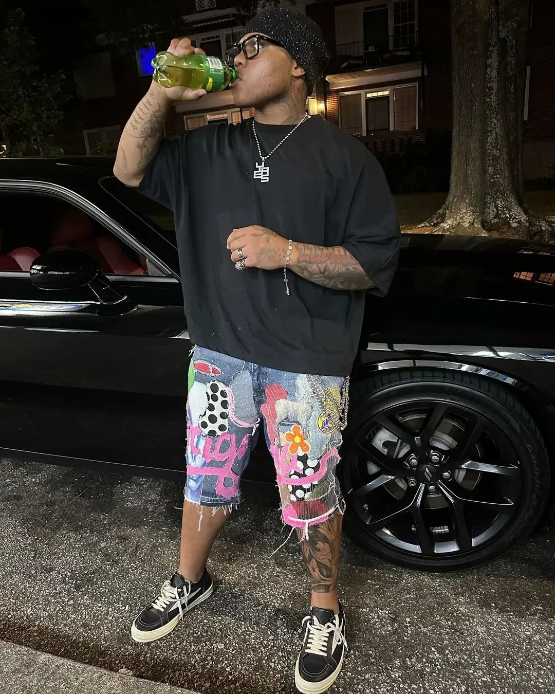 Gothic punk skull letter pattern patch work shorts mens Y2k streetwear pants hiphop fashion denim summer s 250317