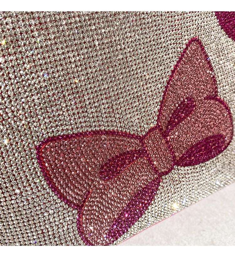 Glitter Shiny Rhie Dia Evening Fashion Clutch Purse Pink Bow Knot Printing Bucket Women's Handbag Shoulder Bag