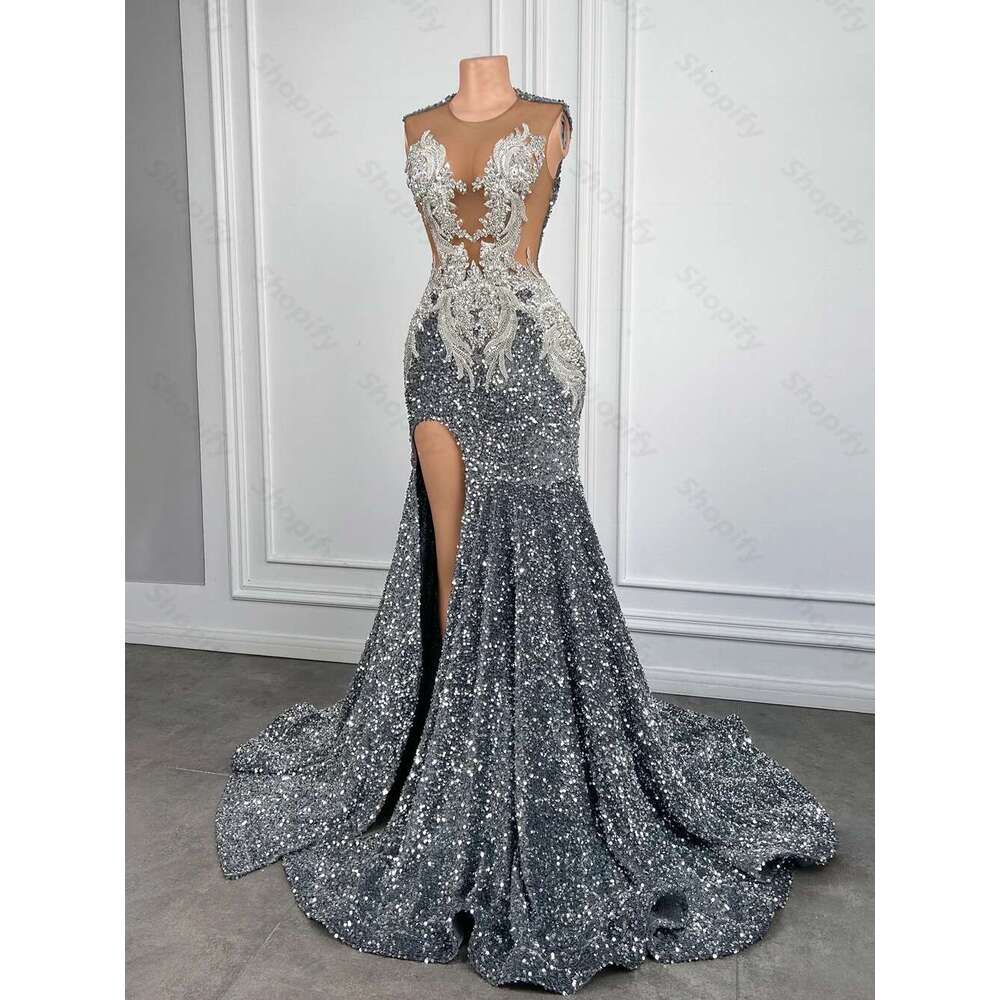 Sier Mermaid Prom Dresses For Black Girls Sparkly Long Sequin Crystals Birthday Party Gowns With High Slit Customized Dr0318