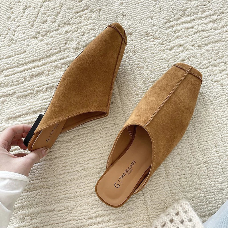 Flats Mules Shoes Square Toe Slippers Suede Sandals Women Summer Casual Comfort Slides Sgback Flip ps De Mujer 250320