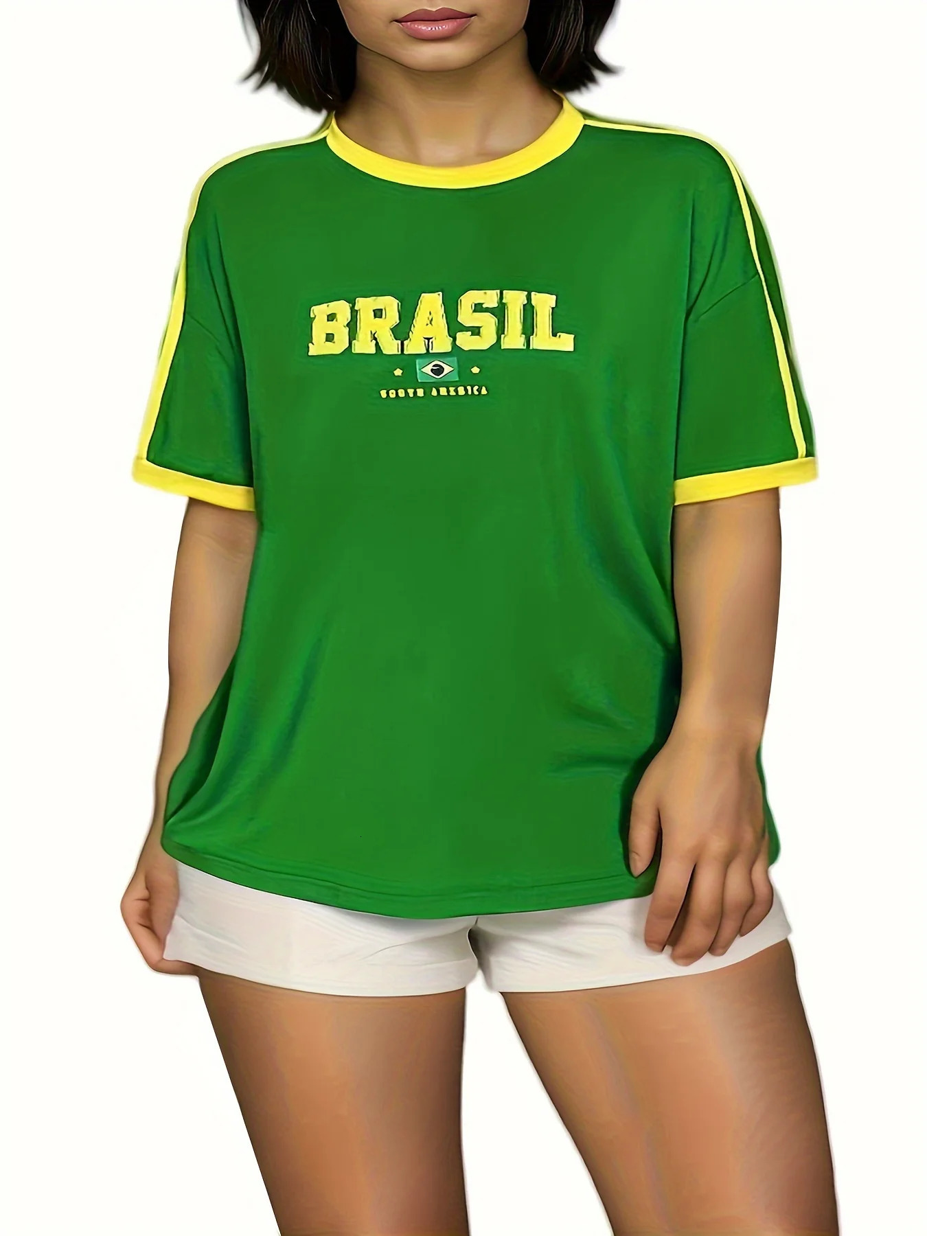 Vibrant Color Block Short Sleeve V-Neck T-Shirt Summer Brazil Flag Womens Casual Fashion Tops Harajuku Streetwear Women Clothing 250317 - view 3