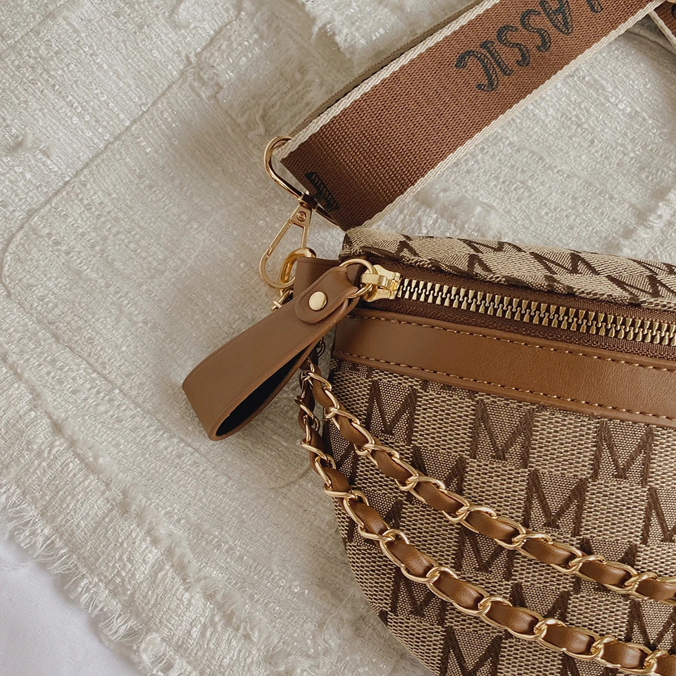 Fashion Letter Printed Fanny Packs for Women Chain Waist Pack Phone Purse Female Chest Bag Wide Shoulder Strap Crossbody Bag 250317