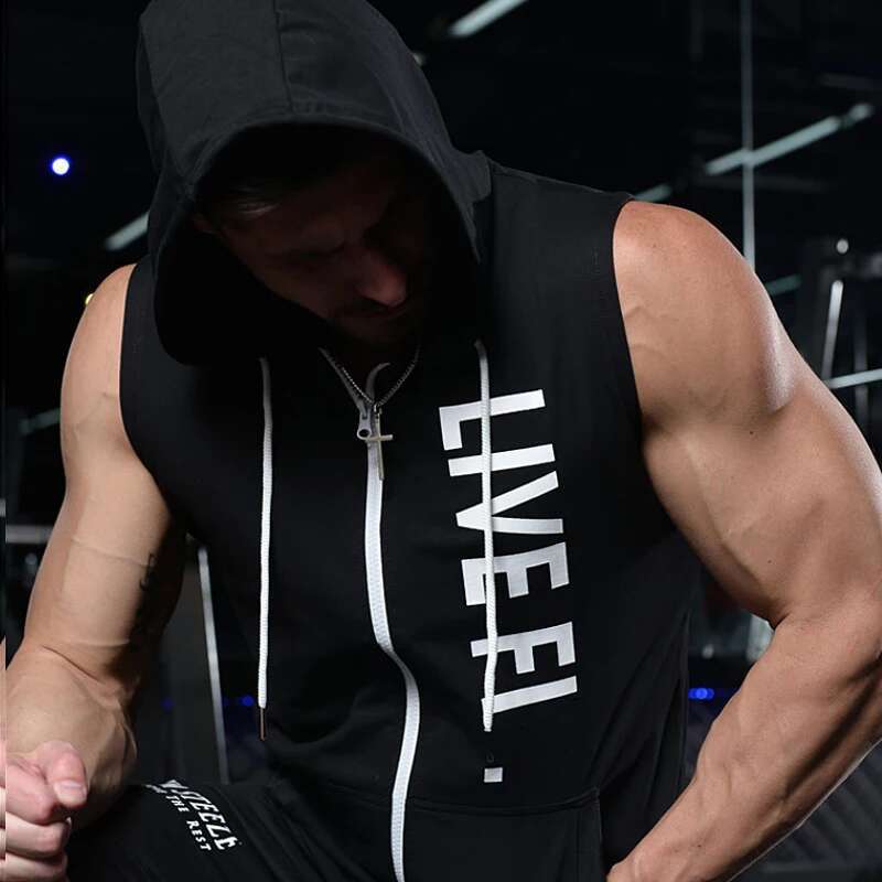 Mens Sports Tank Tops Gym Fiess Muscle Print Sleeveless Hooded Vest Bodybuilding Zipper Jacket Summer Shirt For Man Clothing