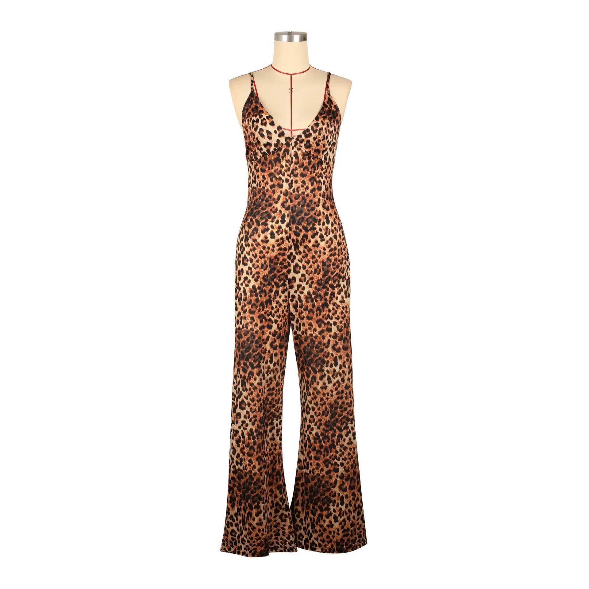 Leopard Print jumpsuit Suspenders Slightly Flared Sveless jumpsuit Summer Strt Fit Stretch Activity Workout Overalls X250318