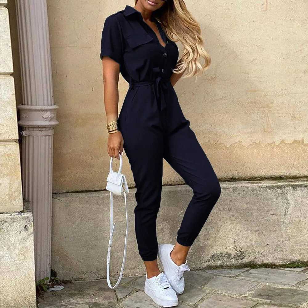 Letters Printed Black Casual Short Slve Cargo Long Pants Jumpsuits With Belt Women Summer Half Button Female Overalls Jumpsuit X2503181