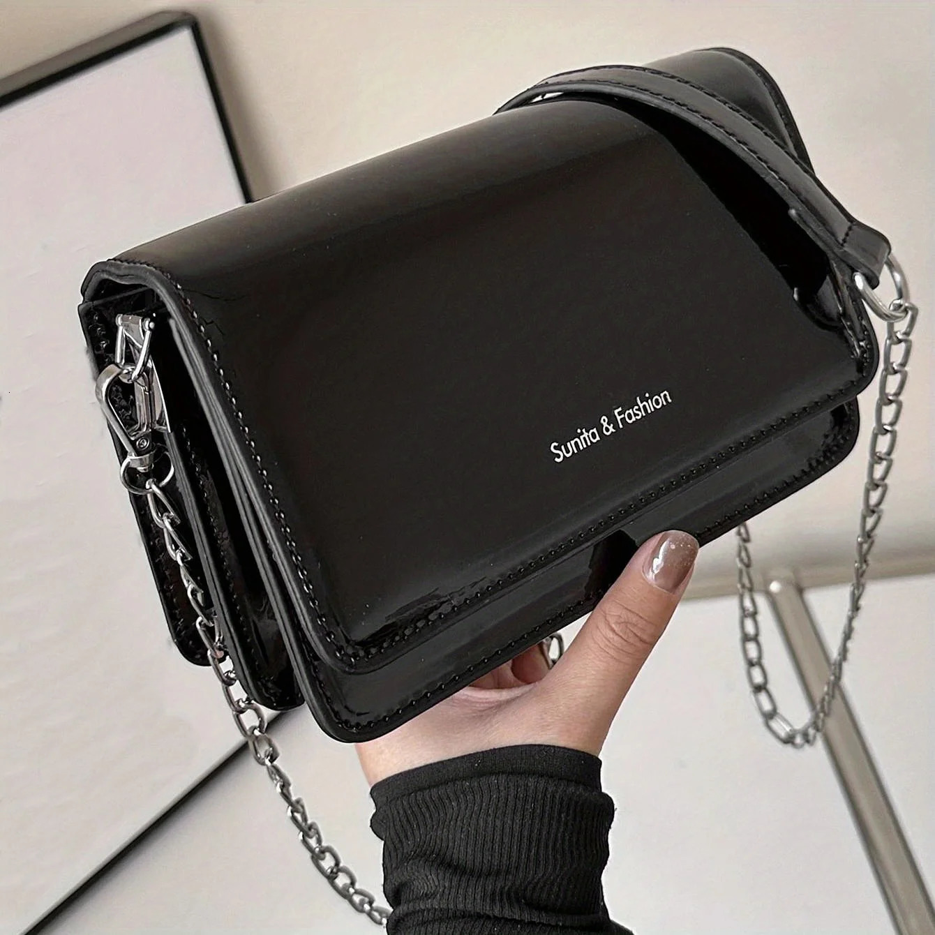 2025 New PU Leather Mini Crossbody Bag for Women 2 Compartments Flip Rectangle Shape Shoulder Bag/Chest Bag Silver Black R250318
