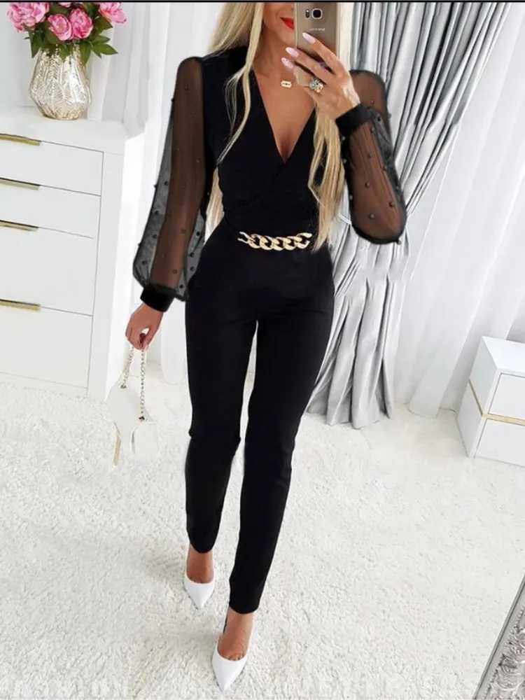 2024 sexy Dp V-neck mesh long Slve jumpsuit spring and autumn one-piece womens black elegant chain decoration party jumpsuit X250318