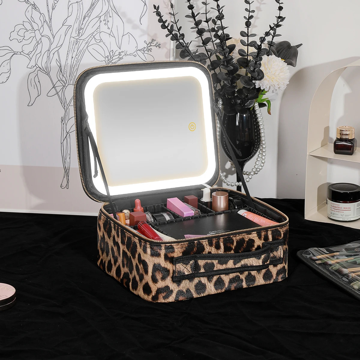 Makeup Bag with Mirror and Lights 3 Colors Dimmable LED Make up Case Cosmetic Organizer Accessories Makeup Train Case LEOPARD 250314