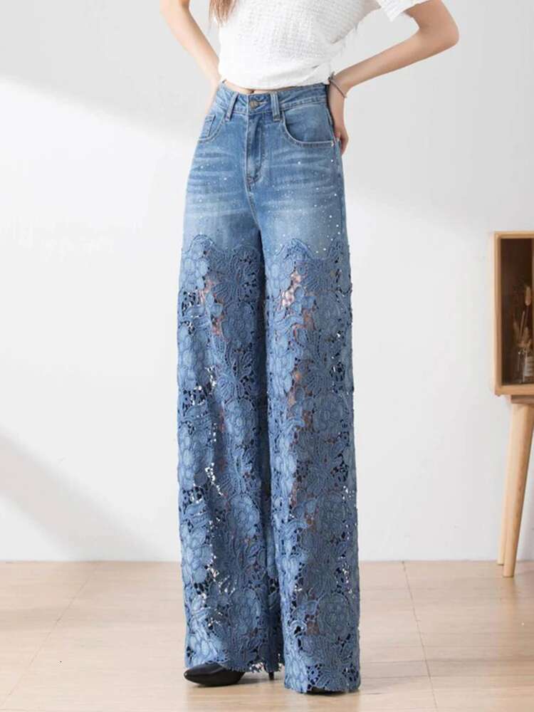 VGH Solid Hollow Out Patchwork Lace Casual Jeans For Women High Waist Spliced Pockets Minimalist Loose Wide Leg Pants Female New