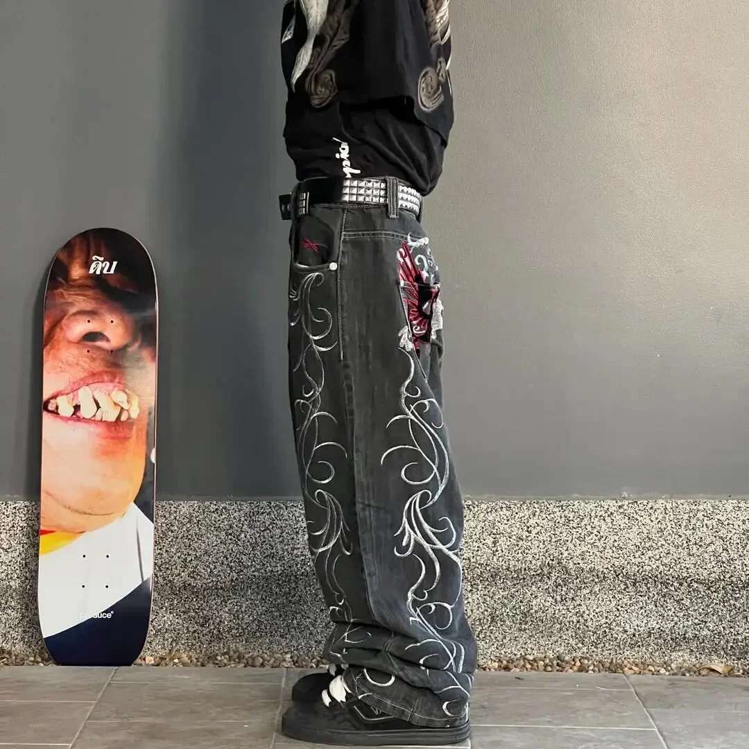 Streetwear Wide Leg Men Y2k Haruku Baggy Jeans Embroidery Pattern Hip Hop Vintage Denim Pants Straight Casual Trousers