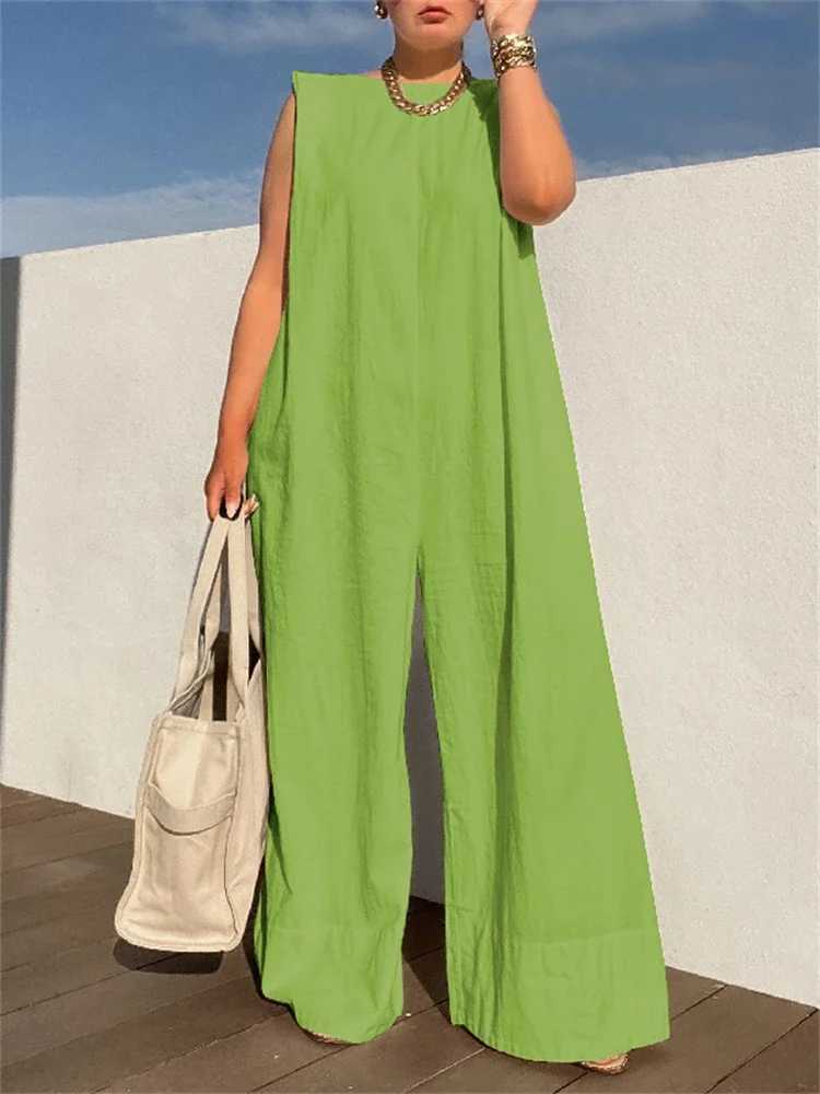 Lemongor Womens Shoulder Pad Jumpsuits 2025 New Summer Slveless Solid Color Oversize Loose Casual Fashion Wide Leg Jump Suits X250318